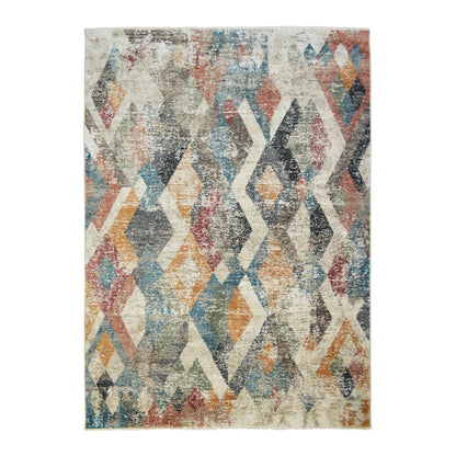 8 x 10 Beige Blue & Gray Geometric Distressed Rug With Fringe