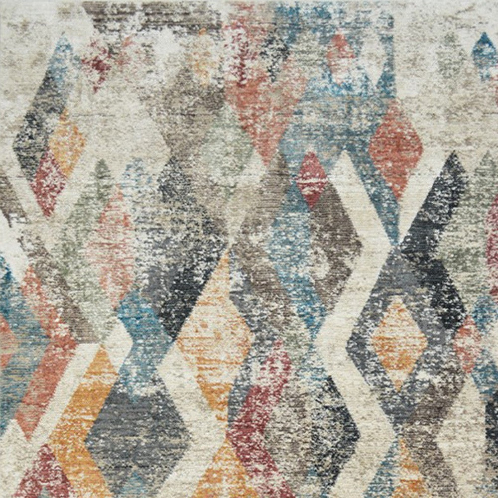 8 x 10 Beige Blue & Gray Geometric Distressed Rug With Fringe
