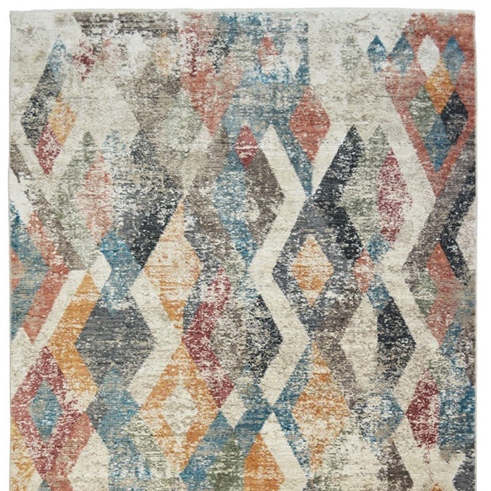8 x 10 Beige Blue & Gray Geometric Distressed Rug With Fringe