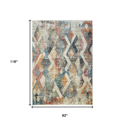 8 x 10 Beige Blue & Gray Geometric Distressed Rug With Fringe