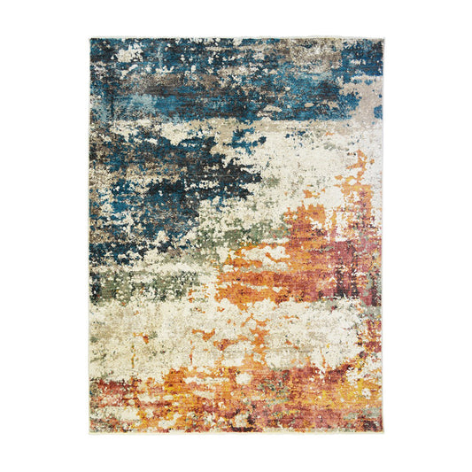 8 x 10 Beige Blue & Ivory Distressed Rug With Fringe