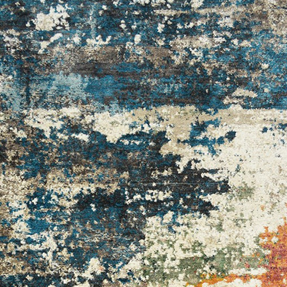 8 x 10 Beige Blue & Ivory Distressed Rug With Fringe