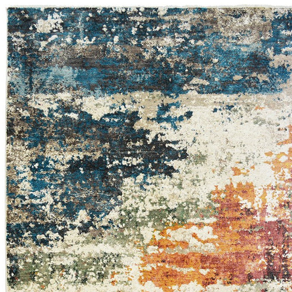 8 x 10 Beige Blue & Ivory Distressed Rug With Fringe