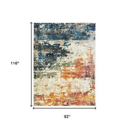 8 x 10 Beige Blue & Ivory Distressed Rug With Fringe