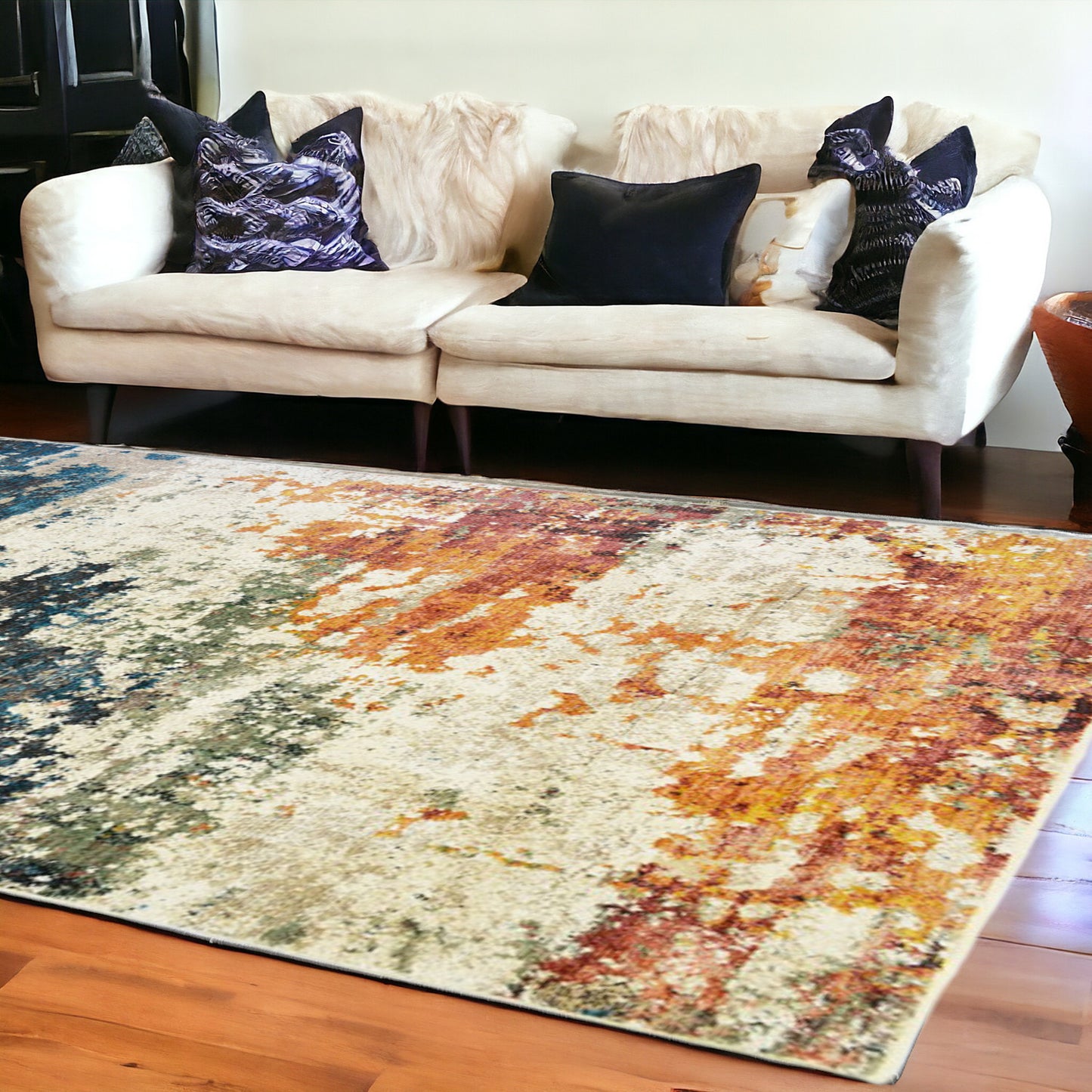 8 x 10 Beige Blue & Ivory Distressed Rug With Fringe