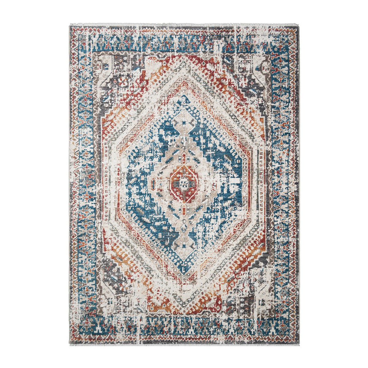 8 x 10 Teal Taupe & Rust Geometric Distressed Rug With Fringe