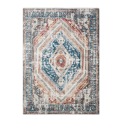 8 x 10 Teal Taupe & Rust Geometric Distressed Rug With Fringe
