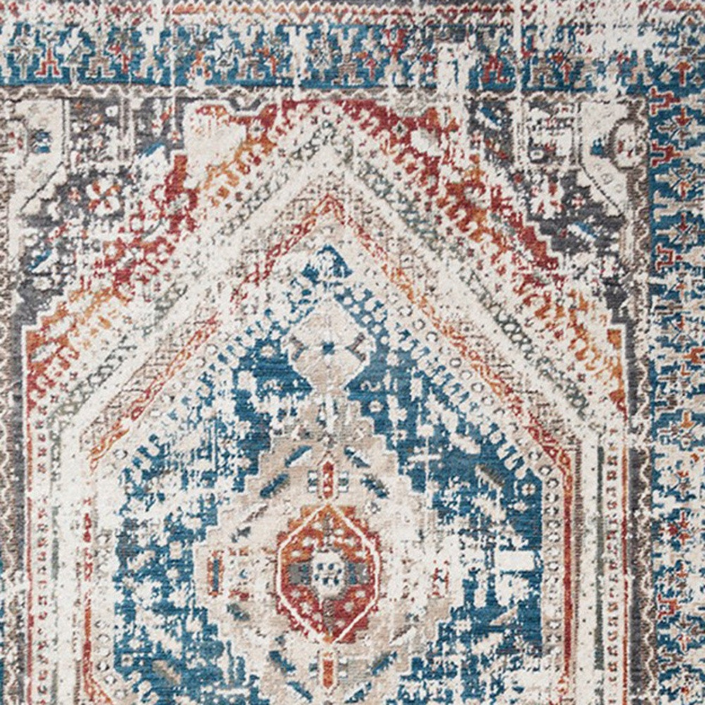 8 x 10 Teal Taupe & Rust Geometric Distressed Rug With Fringe