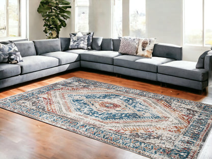 8 x 10 Teal Taupe & Rust Geometric Distressed Rug With Fringe