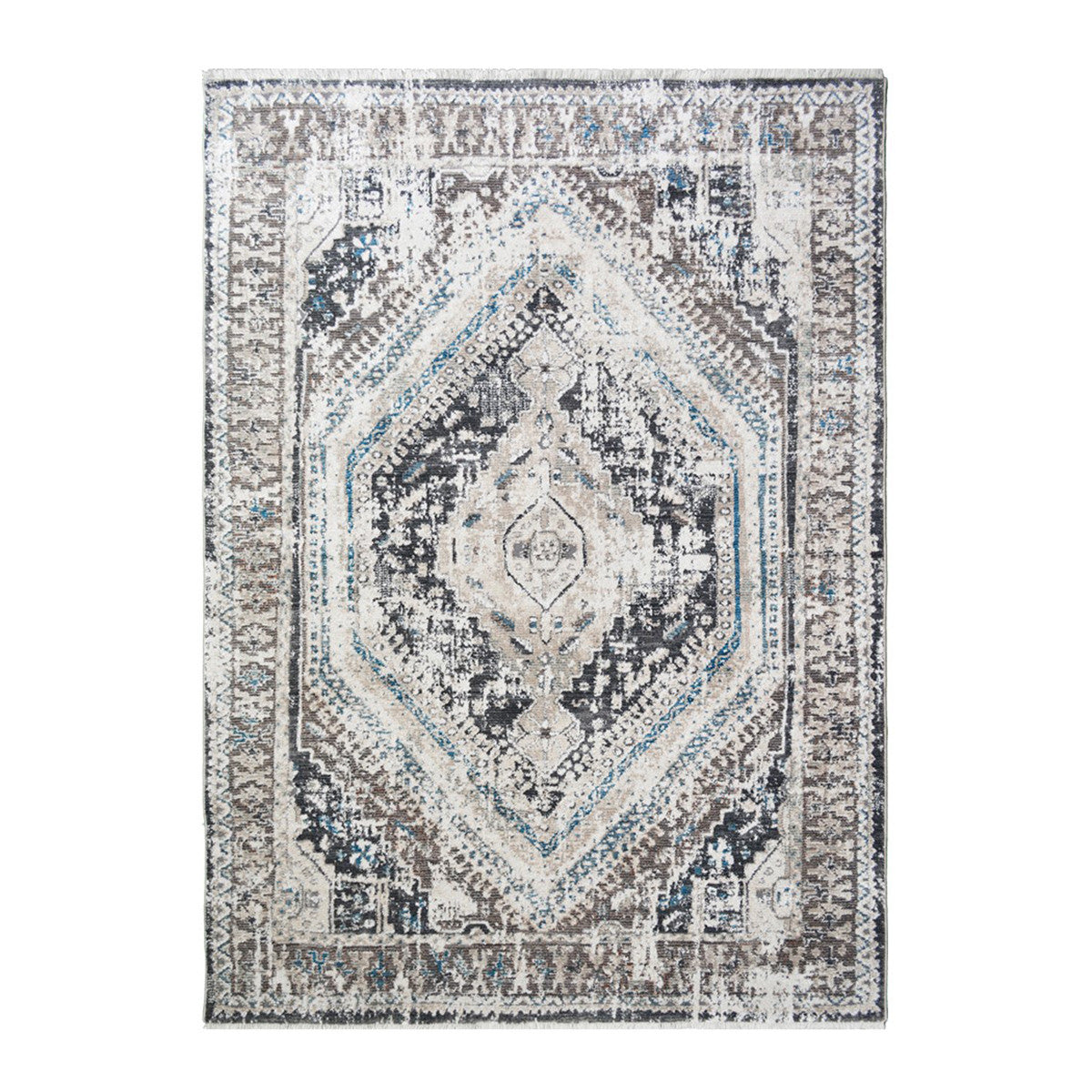 8 x 10 Gray Beige & Blue Geometric Distressed Rug With Fringe
