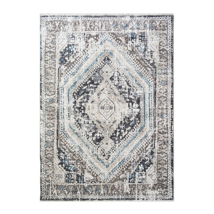 8 x 10 Gray Beige & Blue Geometric Distressed Rug With Fringe