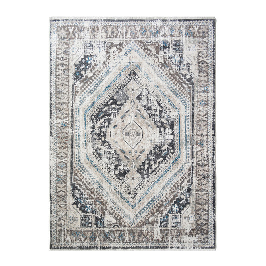 8 x 10 Gray Beige & Blue Geometric Distressed Rug With Fringe