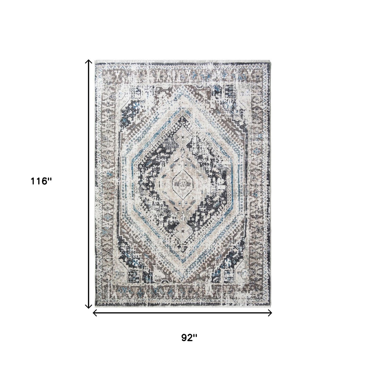 8 x 10 Gray Beige & Blue Geometric Distressed Rug With Fringe
