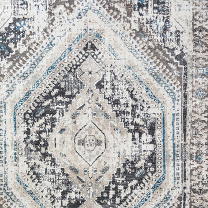 8 x 10 Gray Beige & Blue Geometric Distressed Rug With Fringe