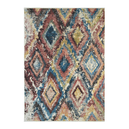 8 x 10 Blue Geometric Distressed Rug With Fringe