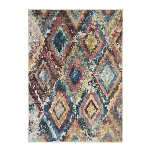 8 x 10 Blue Geometric Distressed Rug With Fringe