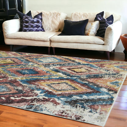8 x 10 Blue Geometric Distressed Rug With Fringe