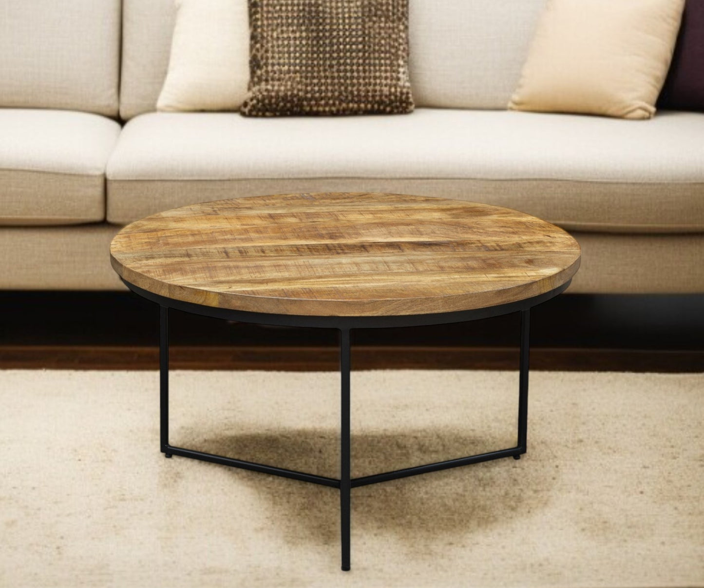 Natural & Black Solid Wood & Iron Round Distressed Cross Legs Coffee Table image 1