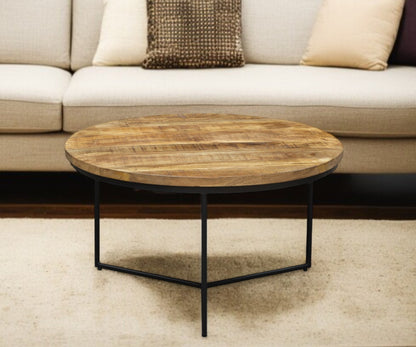 Natural & Black Solid Wood & Iron Round Distressed Cross Legs Coffee Table image 1