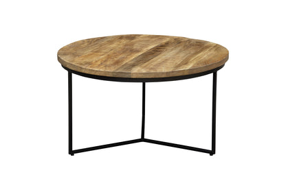Natural & Black Solid Wood & Iron Round Distressed Cross Legs Coffee Table image 2