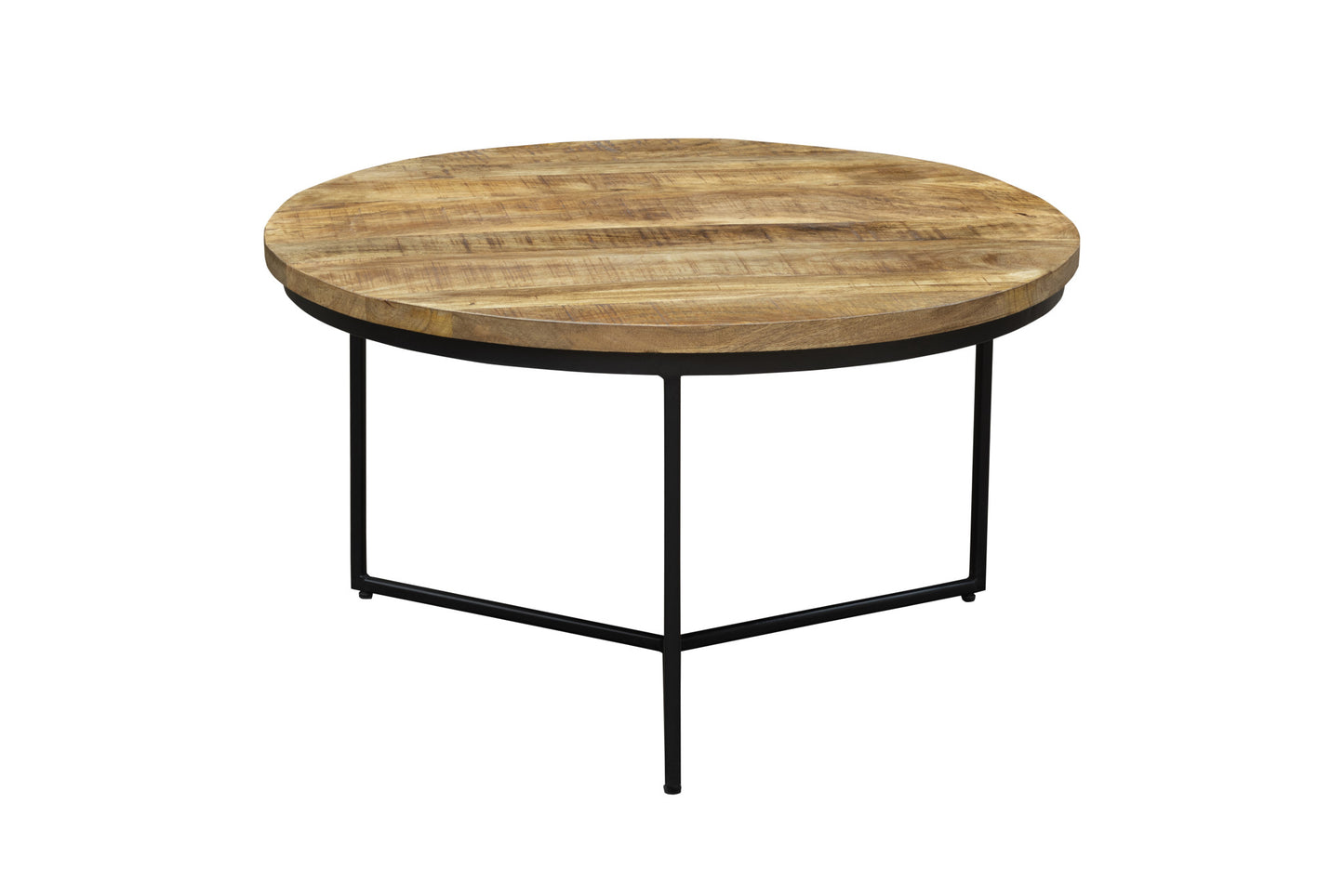Natural & Black Solid Wood & Iron Round Distressed Cross Legs Coffee Table image 3