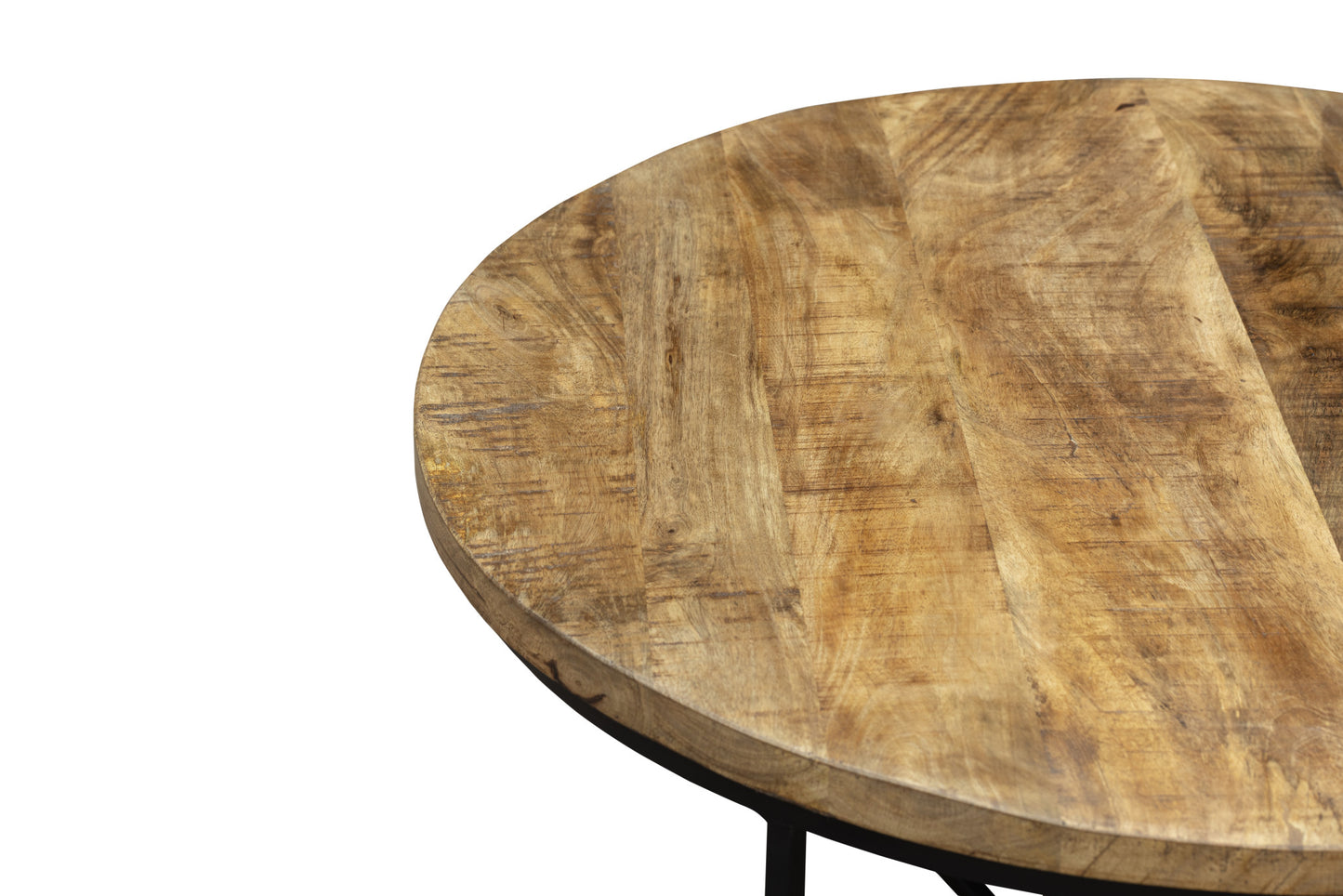 Natural & Black Solid Wood & Iron Round Distressed Cross Legs Coffee Table image 6