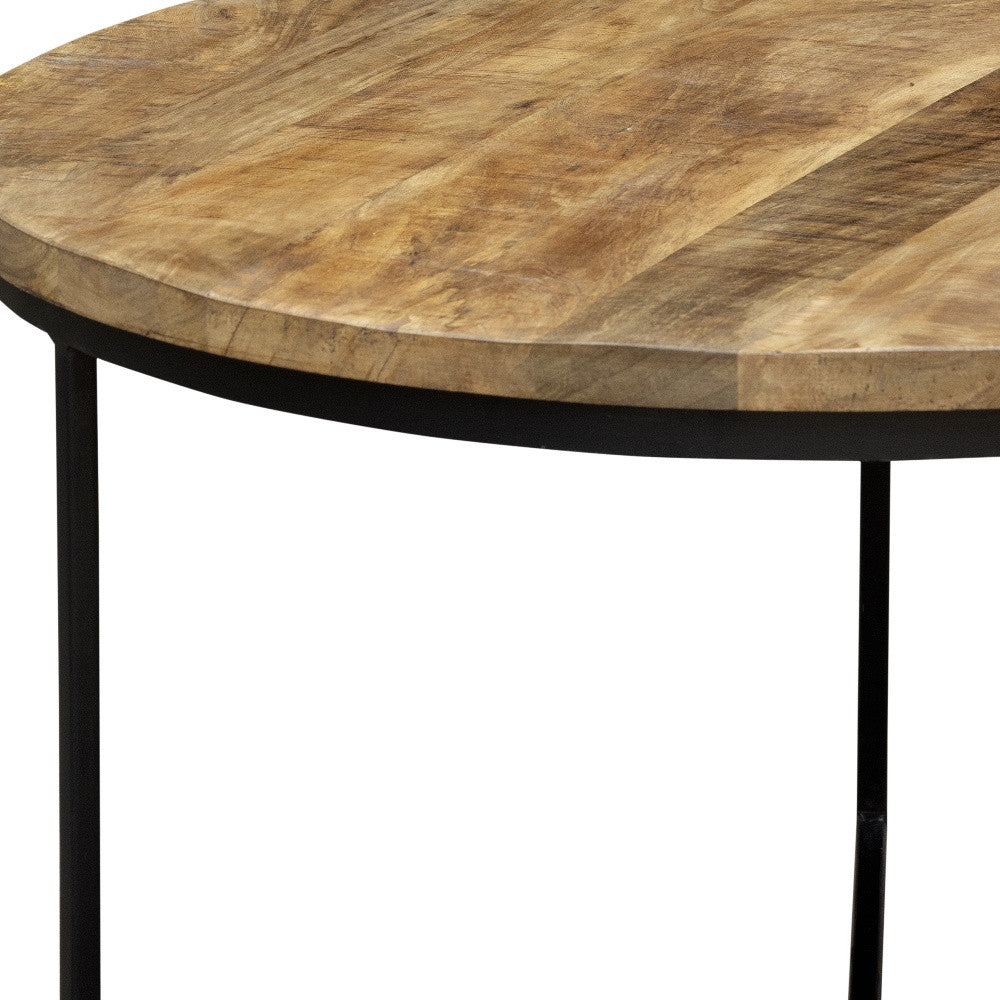 Natural & Black Solid Wood & Iron Round Distressed Cross Legs Coffee Table image 8