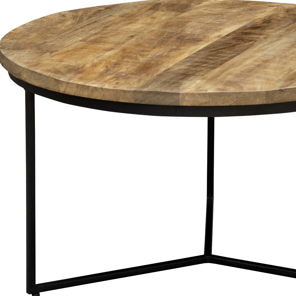 Natural & Black Solid Wood & Iron Round Distressed Cross Legs Coffee Table image 9