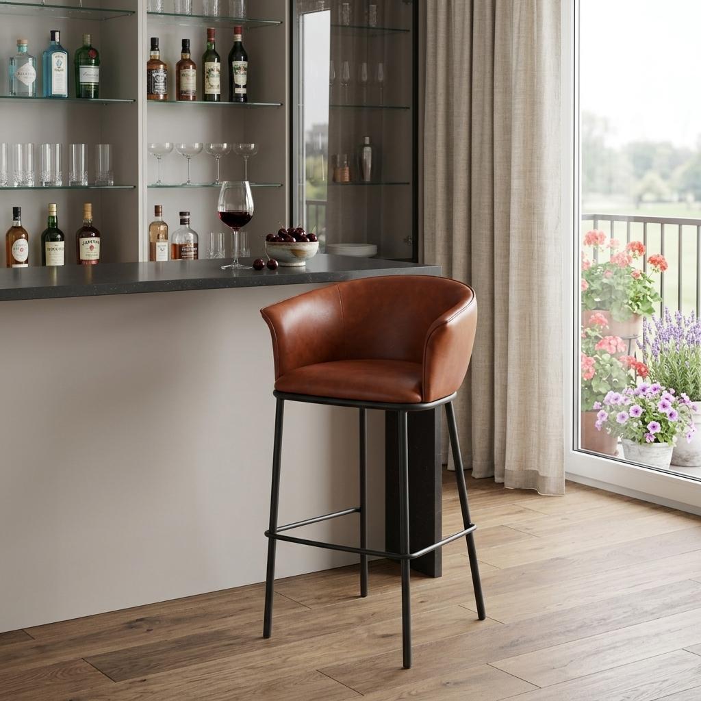 Brown & Black Faux Leather & Steel Bar Height Bar Chair