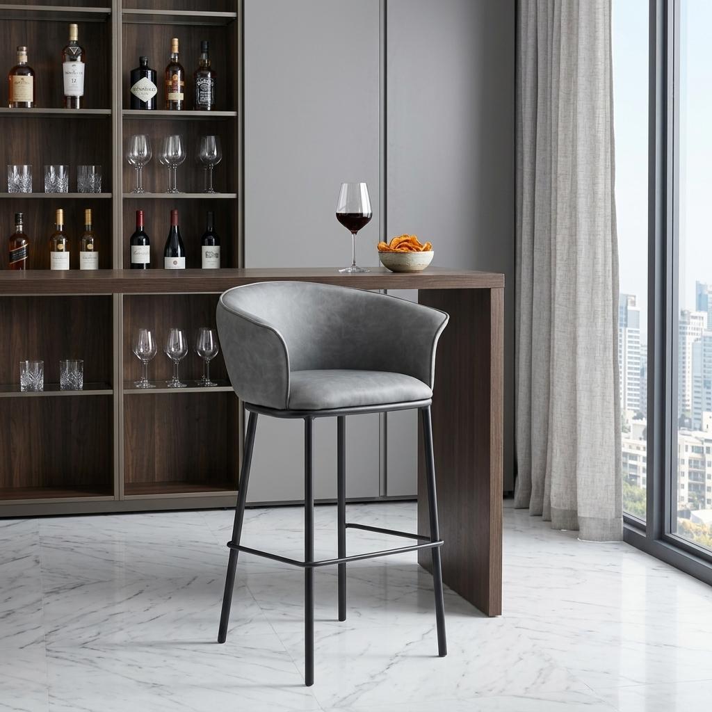 Gray & Black Faux Leather & Steel Bar Height Bar Chair