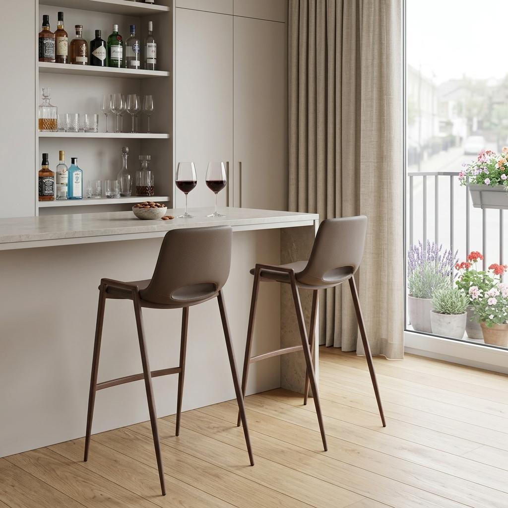 Brown Faux Leather & Steel Low Back Bar Height Bar Chairs - Set of 2