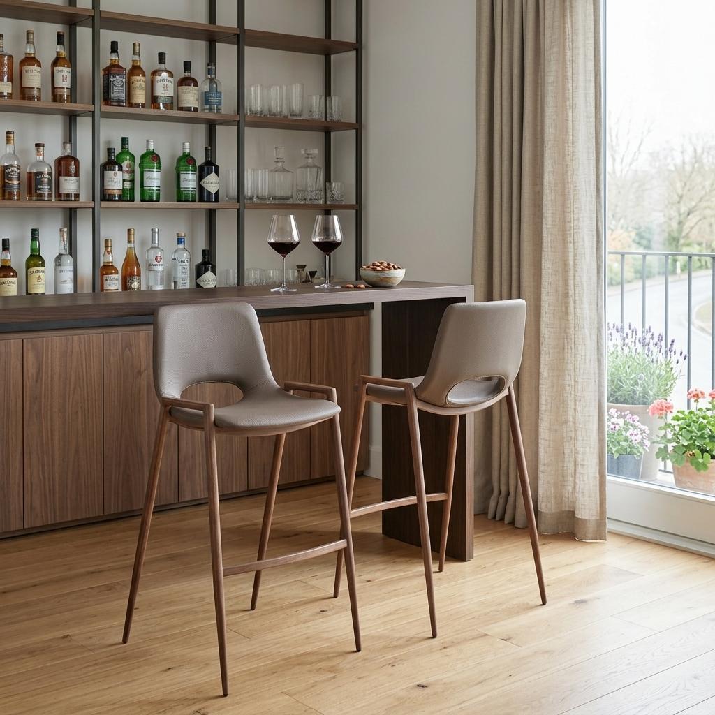 Brown Faux Leather & Steel Low Back Bar Height Bar Chairs - Set of 2