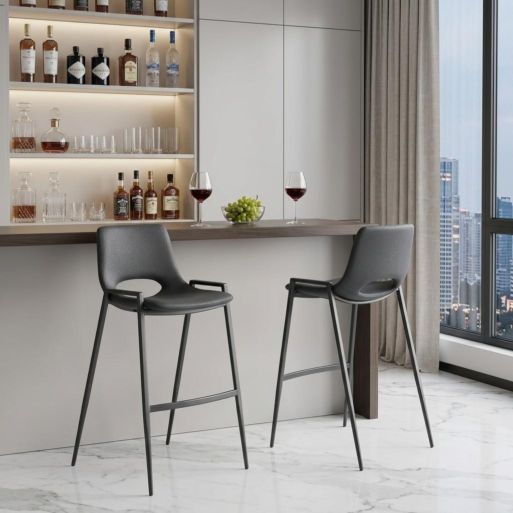 Black Faux Leather & Steel Low Back Bar Height Bar Chairs - Set of 2