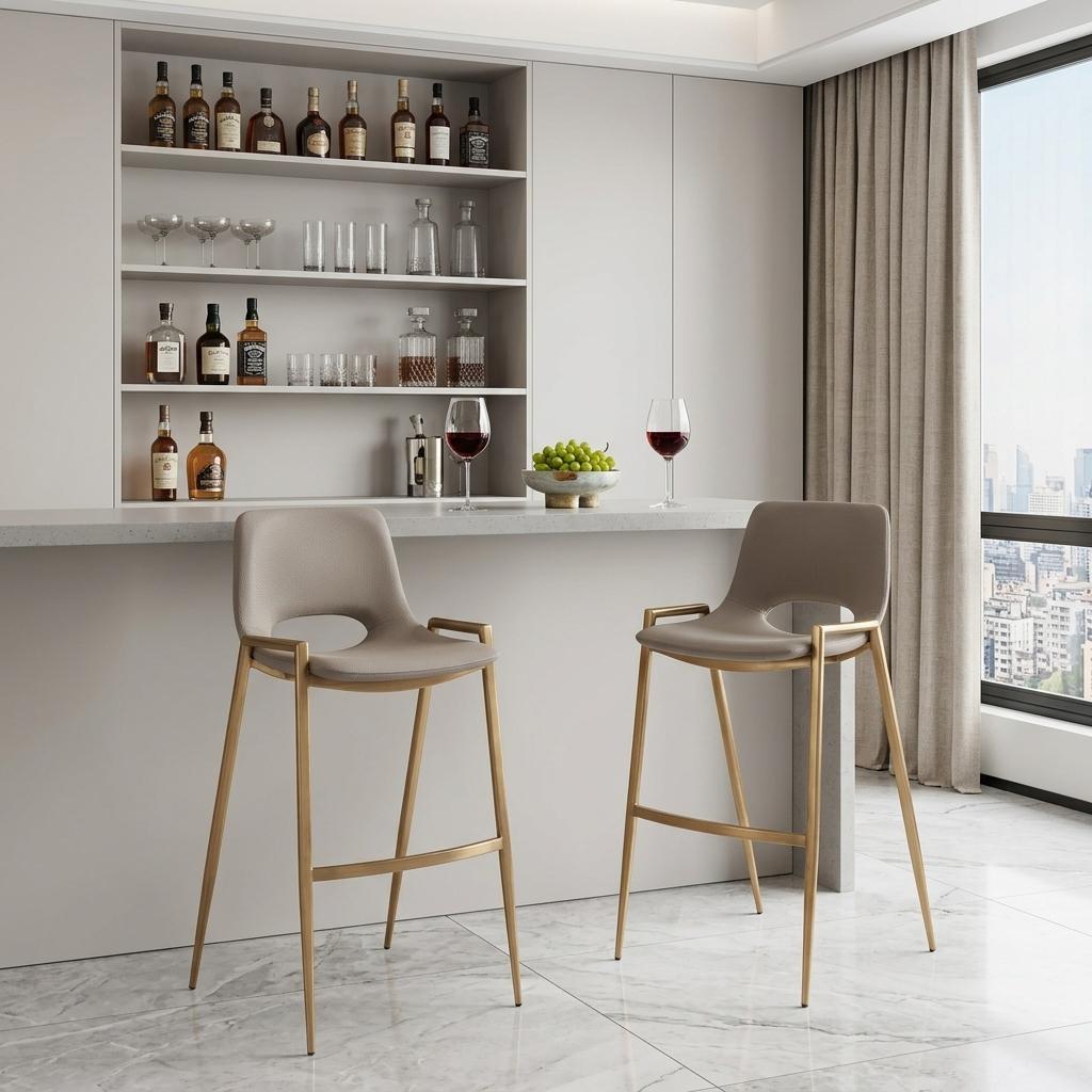 Beige & Gold Faux Leather & Steel Low Back Bar Height Bar Chairs - Set of 2