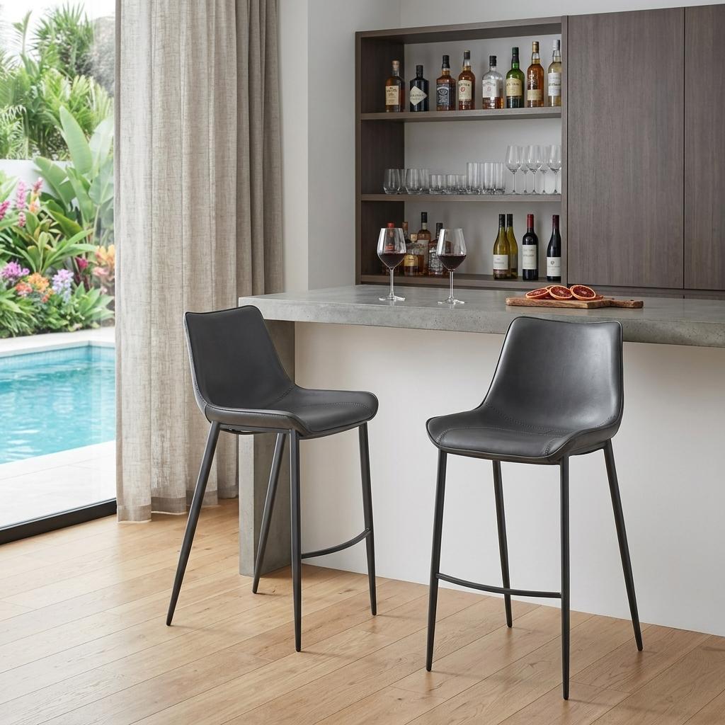 Dark Gray & Black Faux Leather & Steel Bar Height Bar Chairs - Set of 2