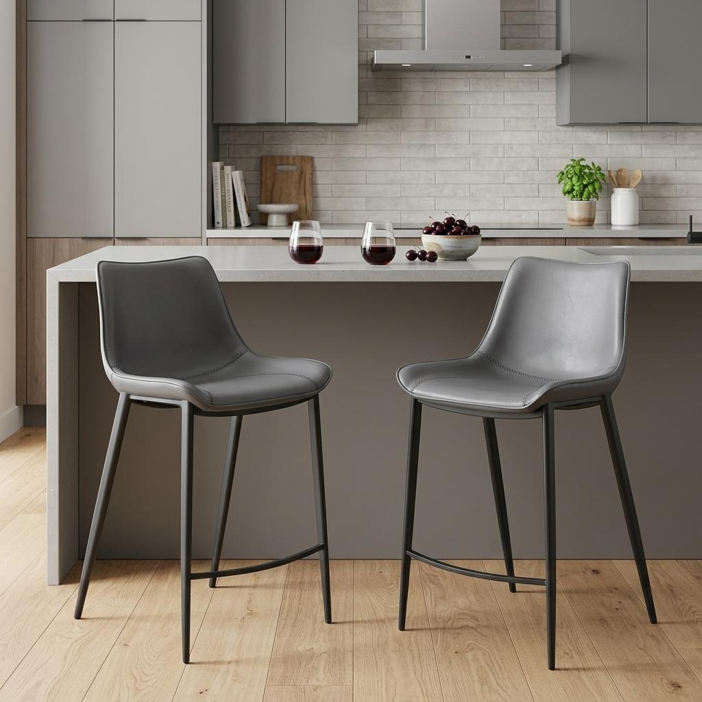 Dark Gray & Black Faux Leather & Steel Counter Height Bar Chairs - Set of 2