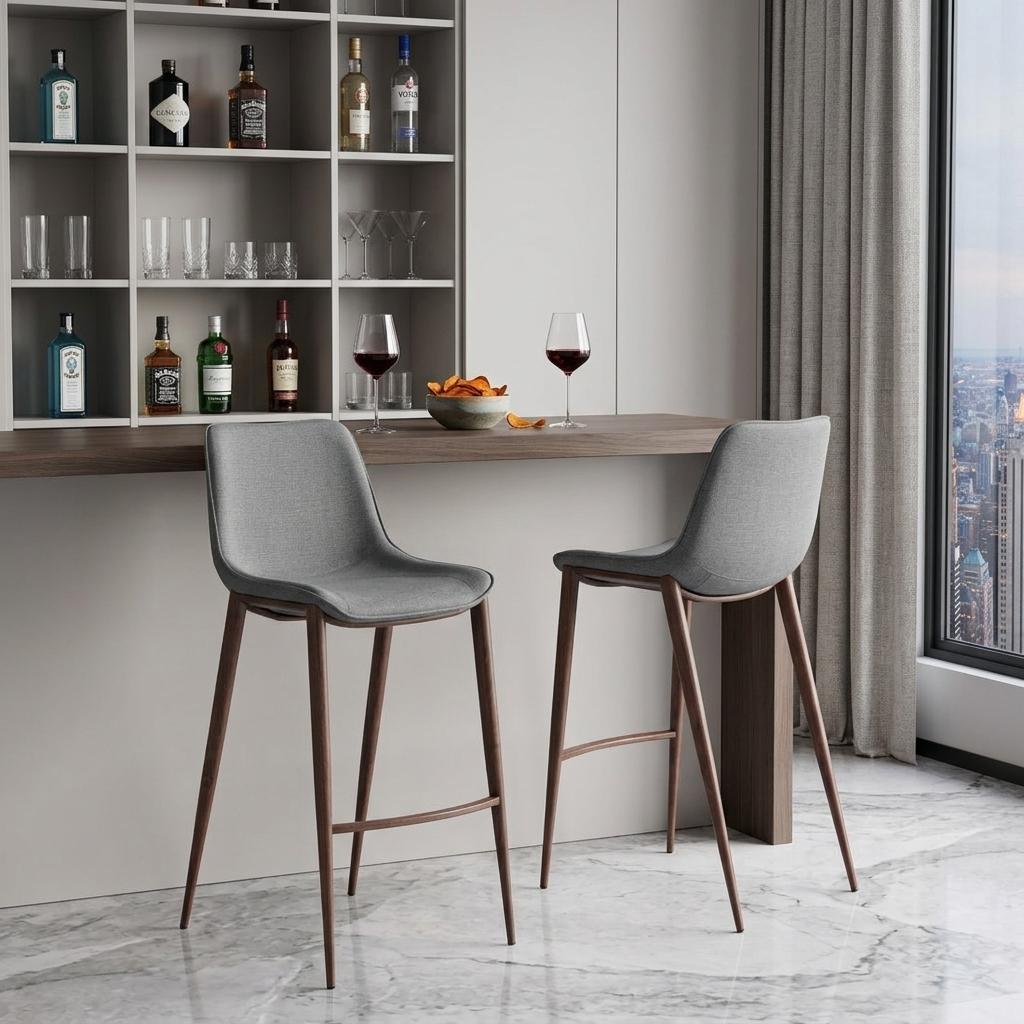 Slate Gray & Brown Faux Leather & Steel Bar Height Bar Chairs - Set of 2