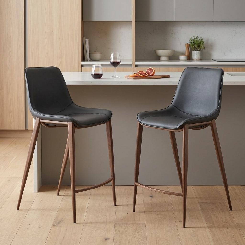 Black & Brown Faux Leather & Steel Counter Height Bar Chairs - Set of 2