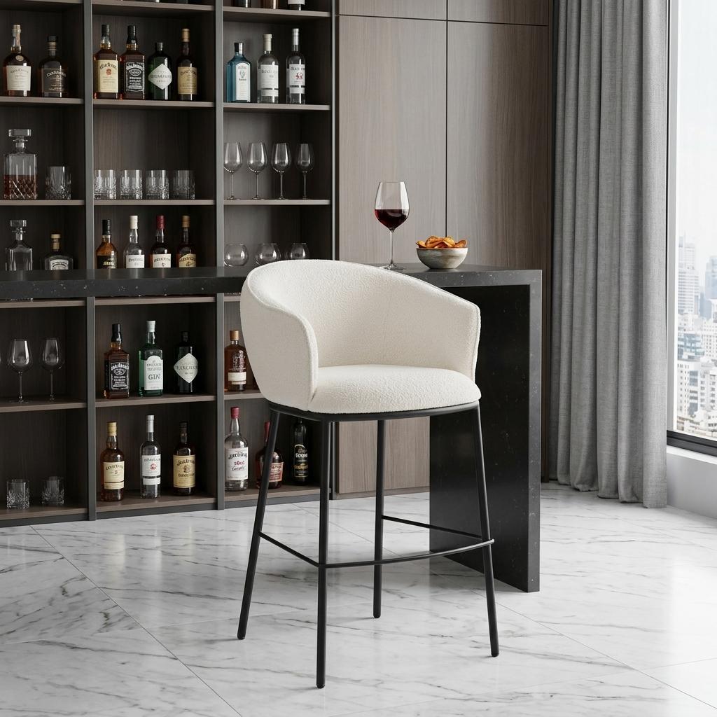 Ivory & Black Shearling & Steel Bar Height Bar Chair