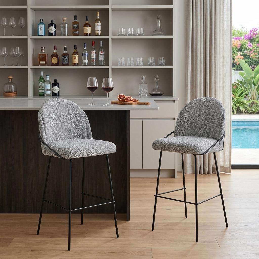Light Gray & Black Shearling & Steel Bar Height Bar Chairs - Set of 2