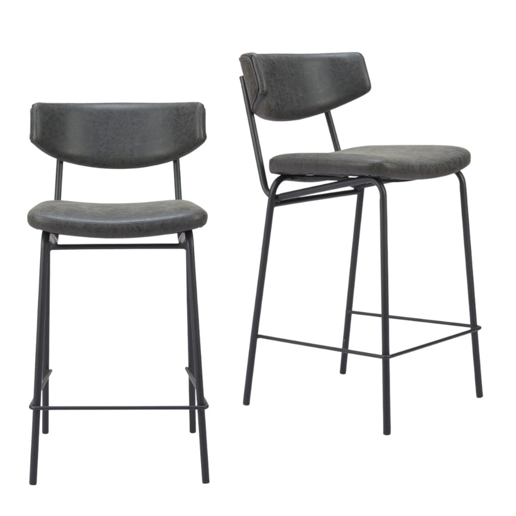 Black Faux Leather & Steel Low Back Bar Height Bar Chairs - Set of 2