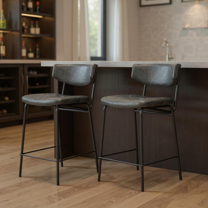 Black Faux Leather & Steel Low Back Bar Height Bar Chairs - Set of 2