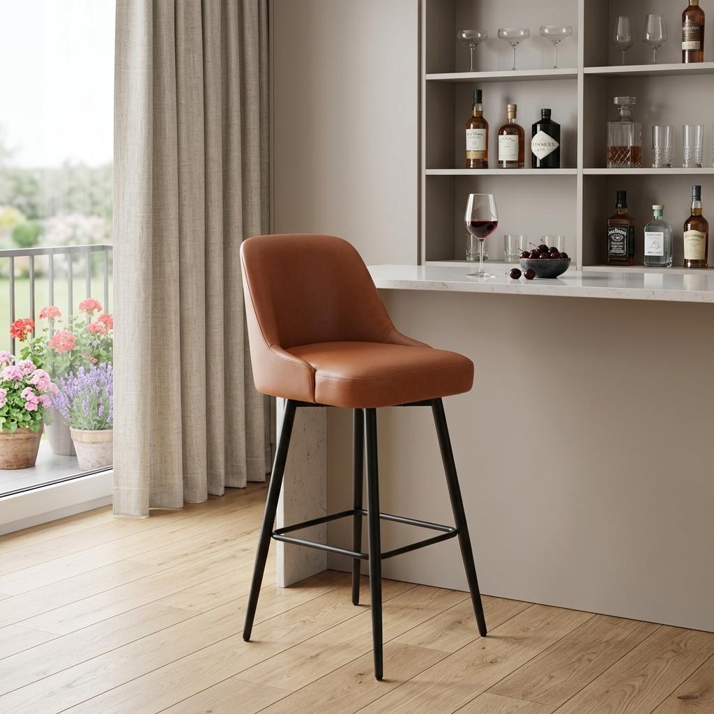 Brown & Black Faux Leather & Steel Bar Height Swivel Bar Chair