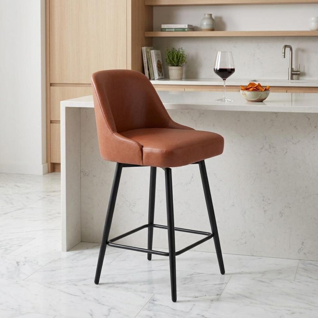 Brown & Black Faux Leather & Steel Counter Height Swivel Bar Chair