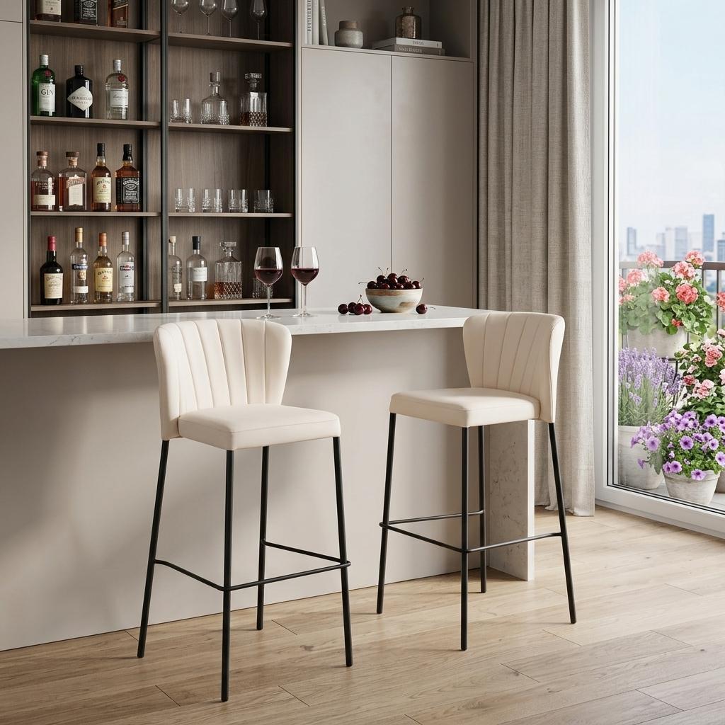 Cream & Black Faux Leather & Steel Bar Height Bar Chairs - Set of 2