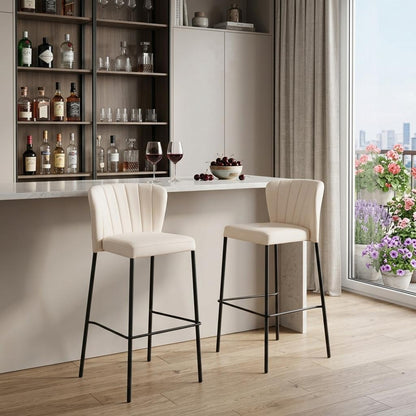 Cream & Black Faux Leather & Steel Bar Height Bar Chairs - Set of 2