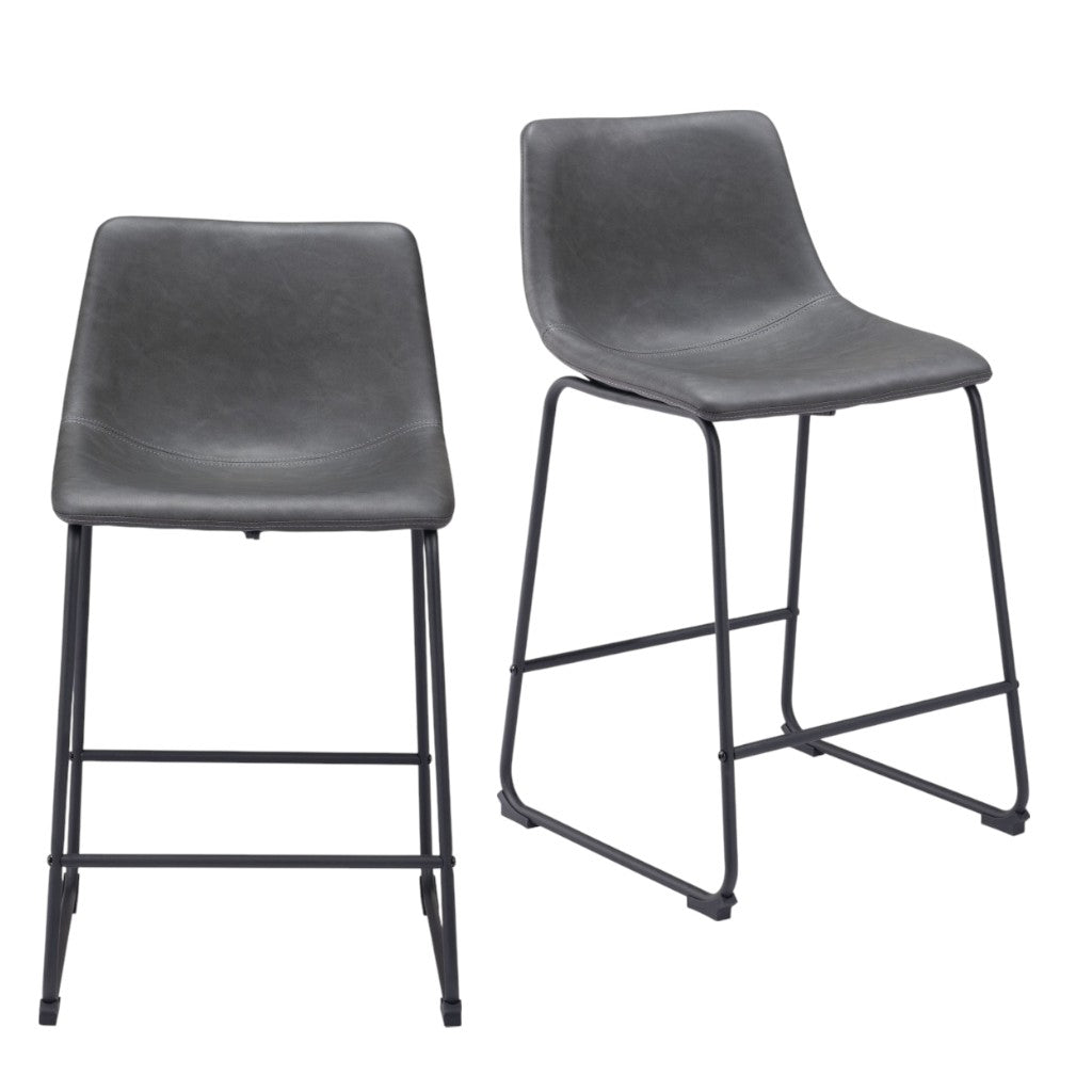 Charcoal & Black Faux Leather & Steel Counter Height Bar Chairs - Set of 2
