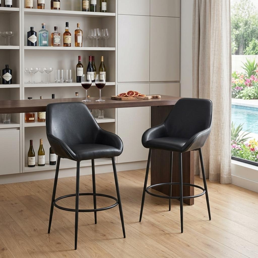 Black Faux Leather & Steel Bar Height Bar Chairs - Set of 2