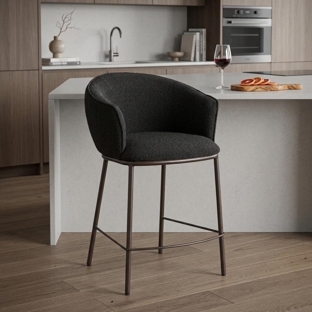 Black & Bronze Shearling & Steel Counter Height Bar Chair