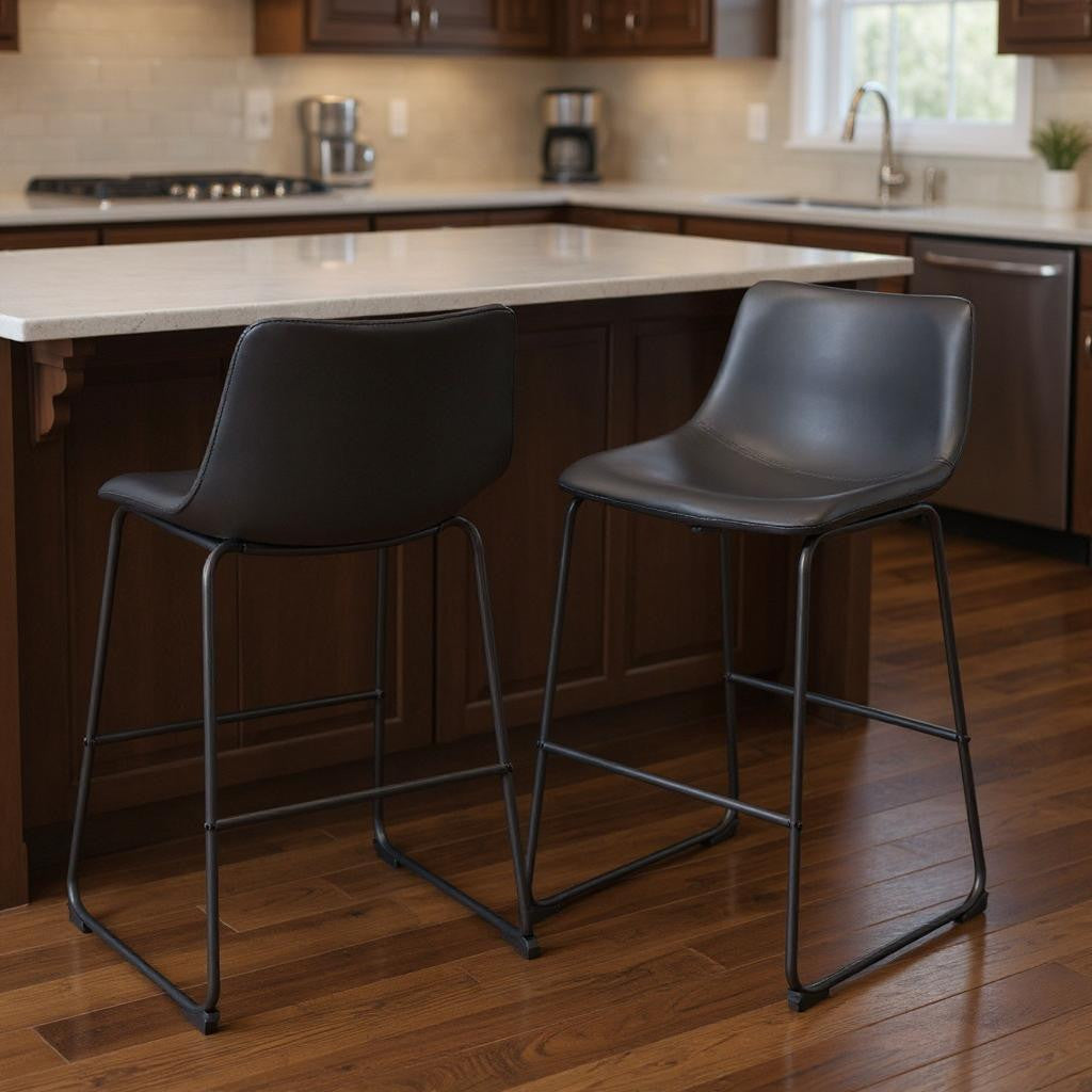 Black Faux Leather & Steel Counter Height Bar Chairs - Set of 2
